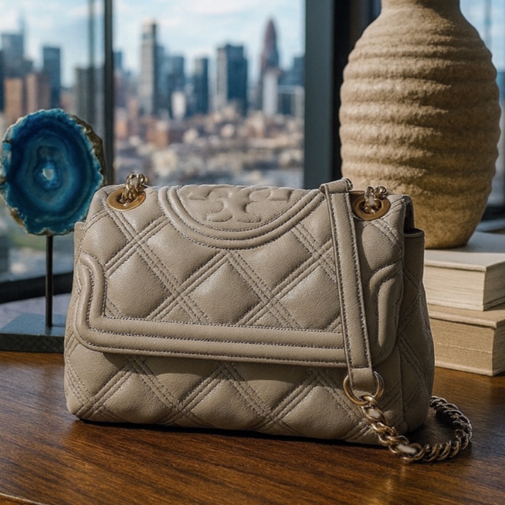 NEW Tory Burch Soft Fleming Gray Heron Leather Small Convertible Shoulder Bag